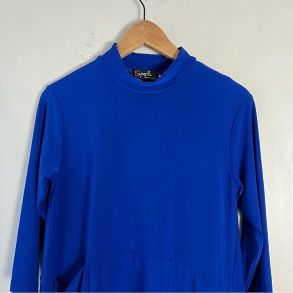 Sympli Royal Blue Mock Neck Tiered 3/4 Sleeve Tunic Top Slinky Flowy Travel - Picture 3 of 10